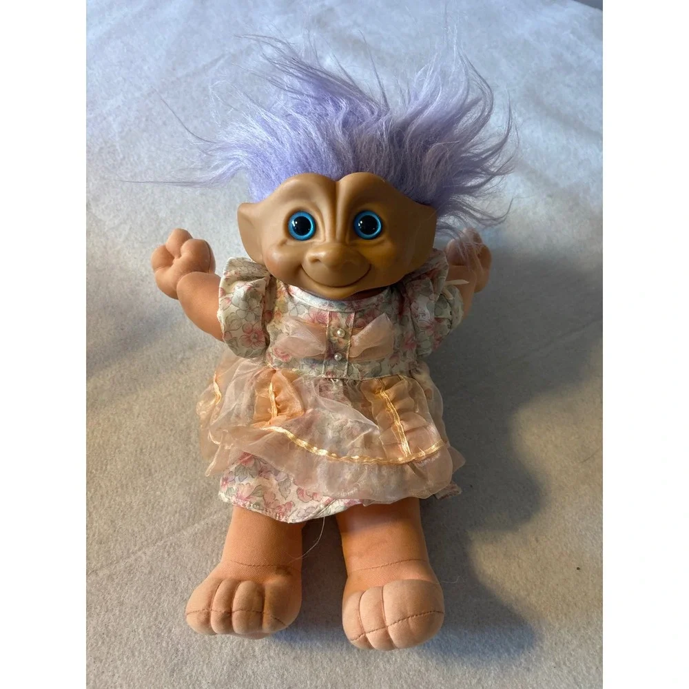 Vintage 1991 Ace Novelty Treasure Troll Purple Hair Heart Wishstone Floral Dress